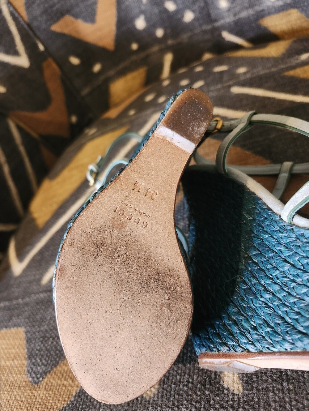 Sale✨ GUCCI Rare Vtg Y2K Teal Raffia Espadrille Platform Wedges 34.5 Near Mint - Picture 7 of 9